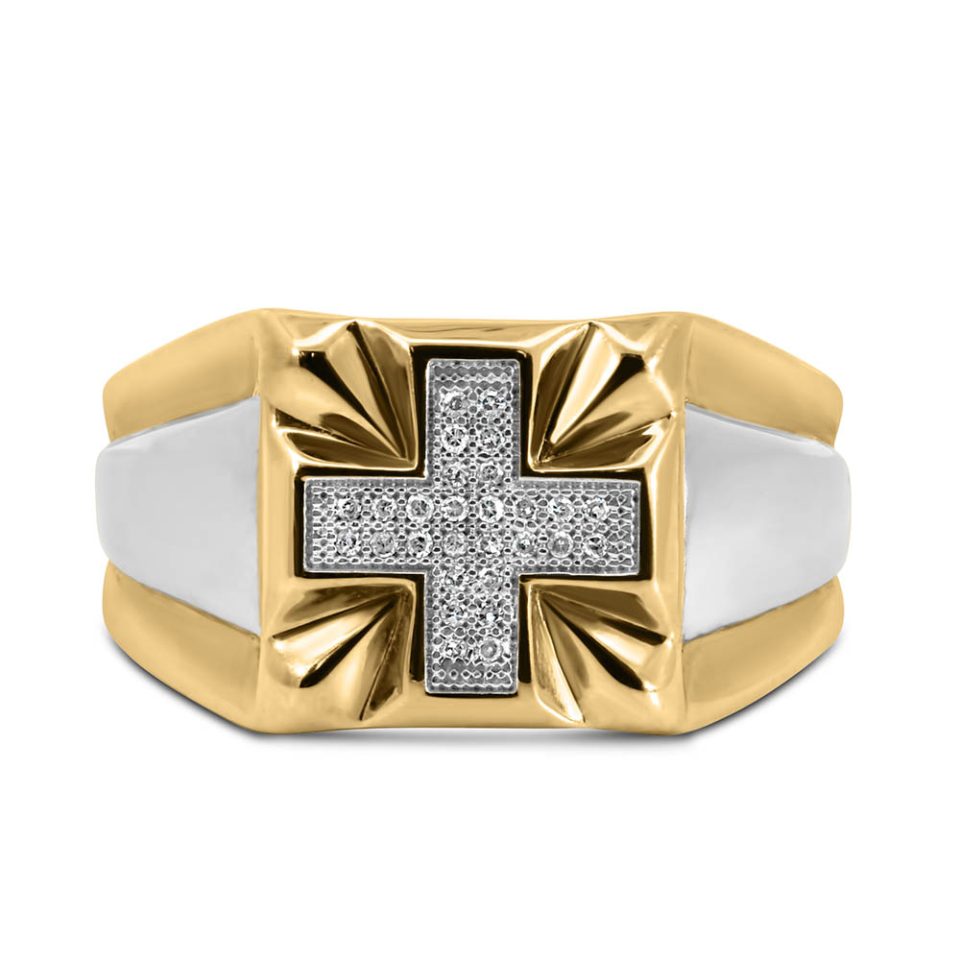 Cross Ring with .10 Carat TW of Diamonds in 10kt White and Yellow Gold