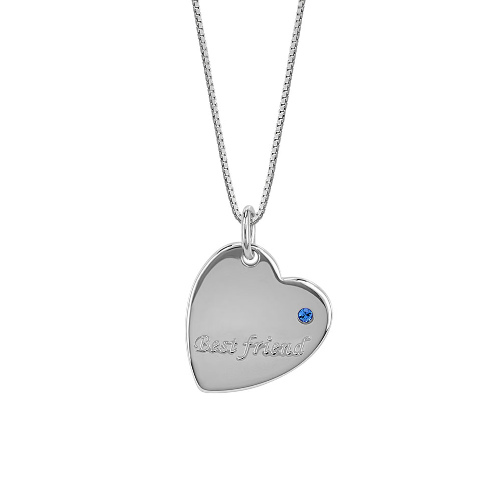 Best Friend Heart Pendant with Blue Cubic Zirconia in Sterling Silver with Chain