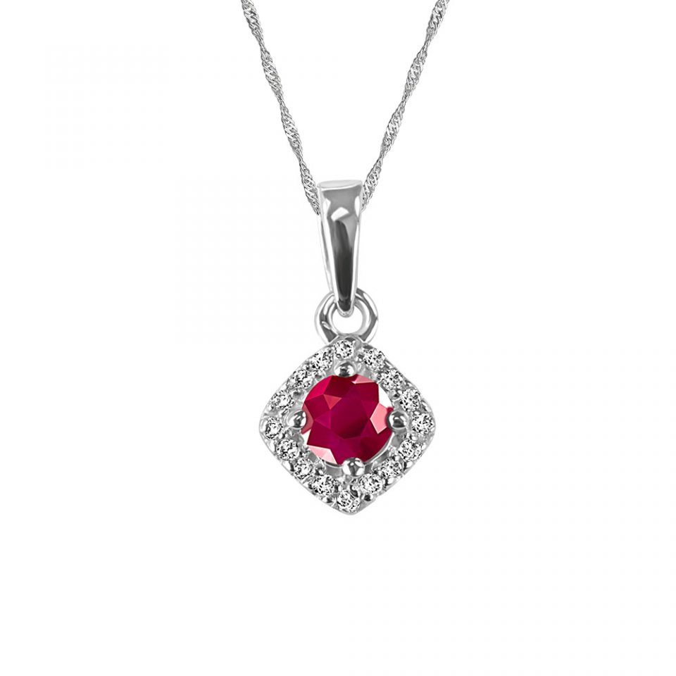 Pendant With .08 Carat TW Of Diamonds And Ruby In 10kt White Gold With Chain