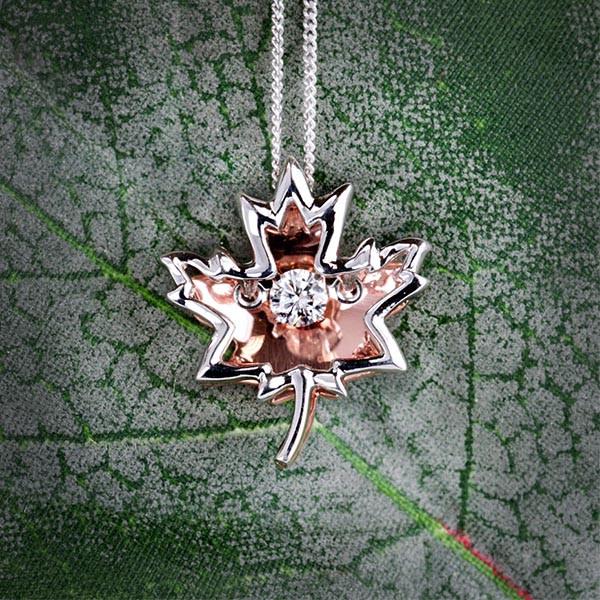 Fire of the North Luminance Canadian Diamond Maple Leaf Pendant with .10 Carat 10kt White and Rose Gold Chain