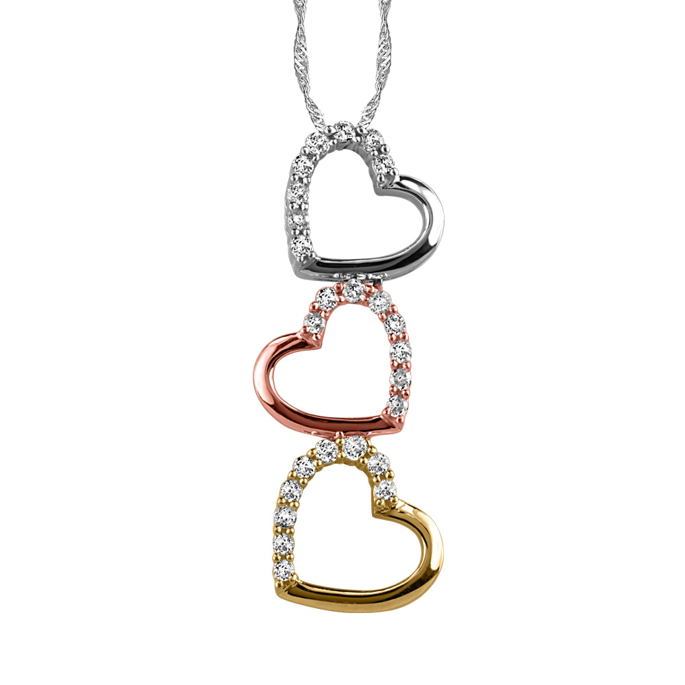 3 Heart Pendant with .20 Carat TW of Diamonds 10kt White Yellow and Rose Gold Chain