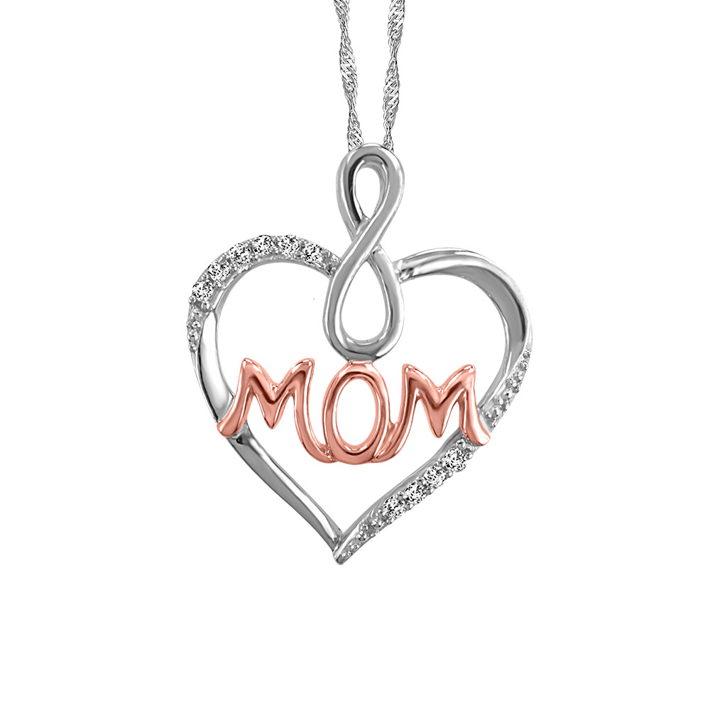 10KT White and Rose Gold Diamond Heart Mom Pendant with Chain