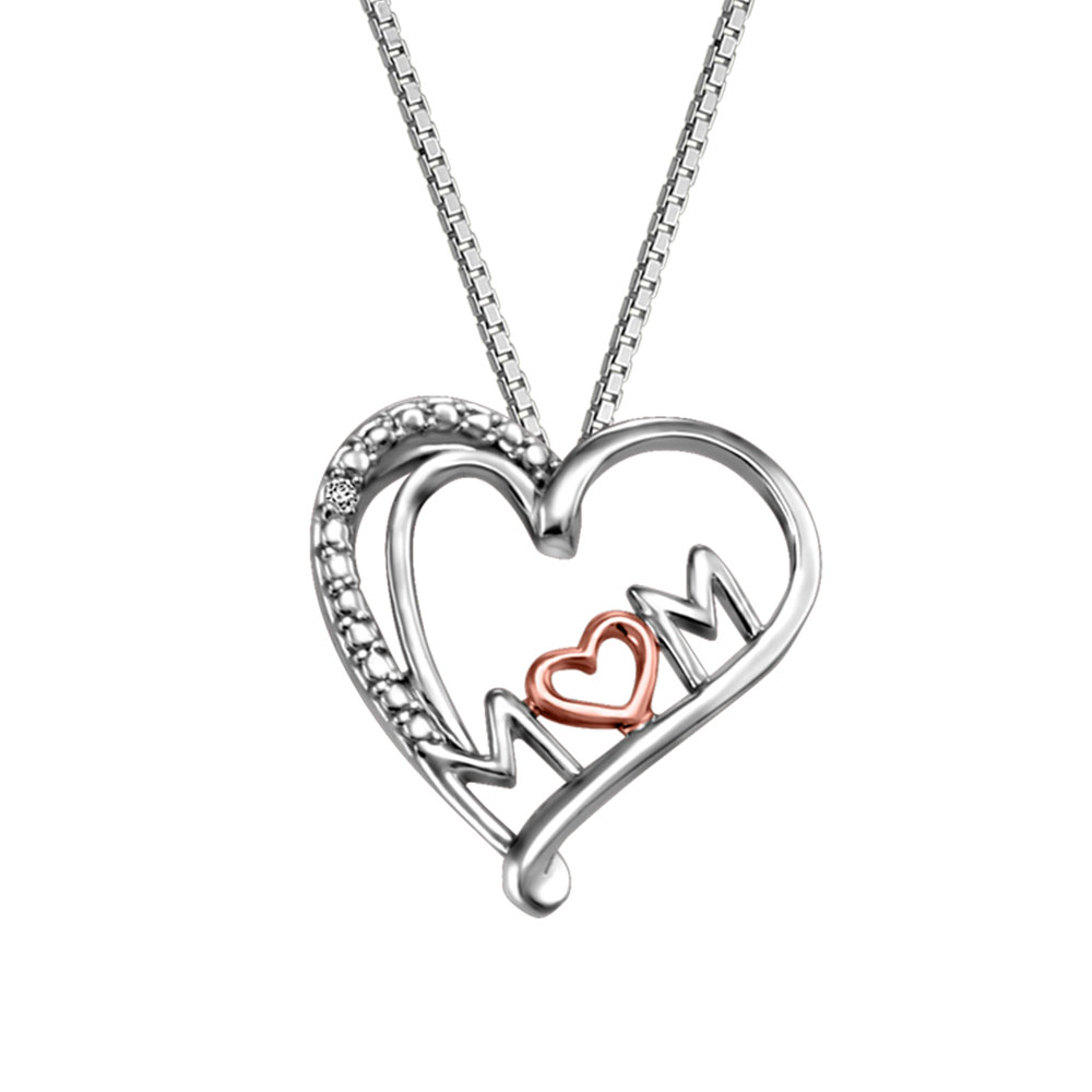 Mom Heart Pendant in Sterling Silver and 10kt Rose Gold with Chain