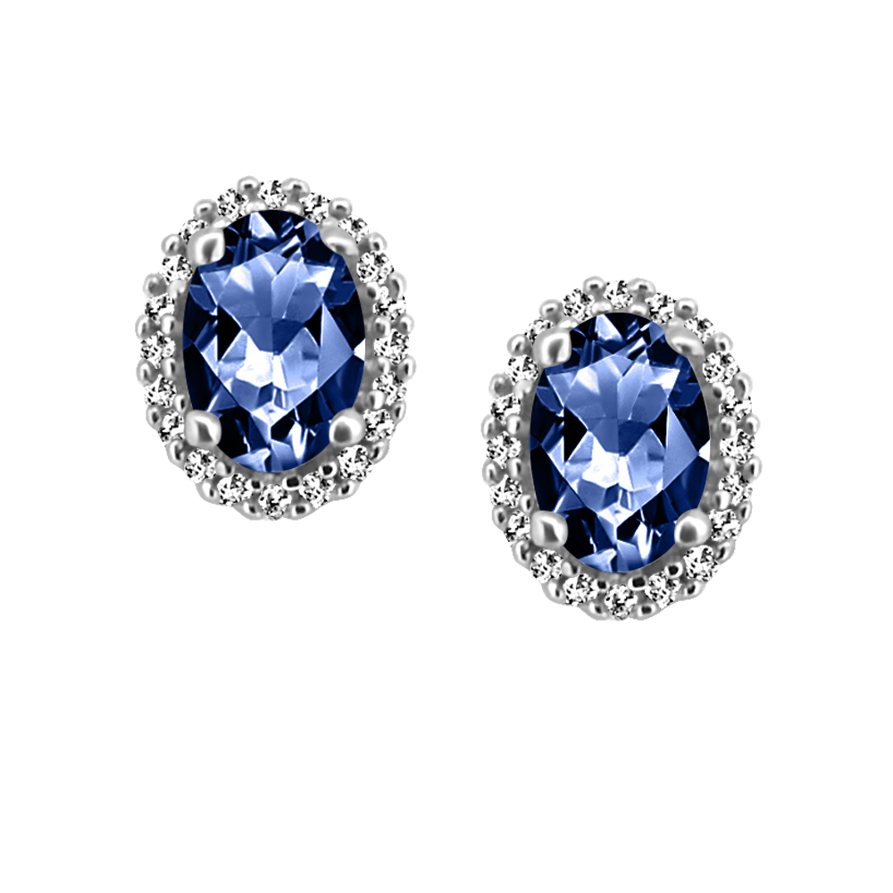 Oval Halo Earrings with .12 Carat TW of Diamonds and Blue Sapphire in 10kt White Gold