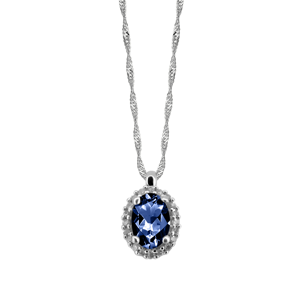 Oval Halo Pendant with .06 Carat TW of Diamonds and Blue Sapphire in 10kt White Gold with Chain