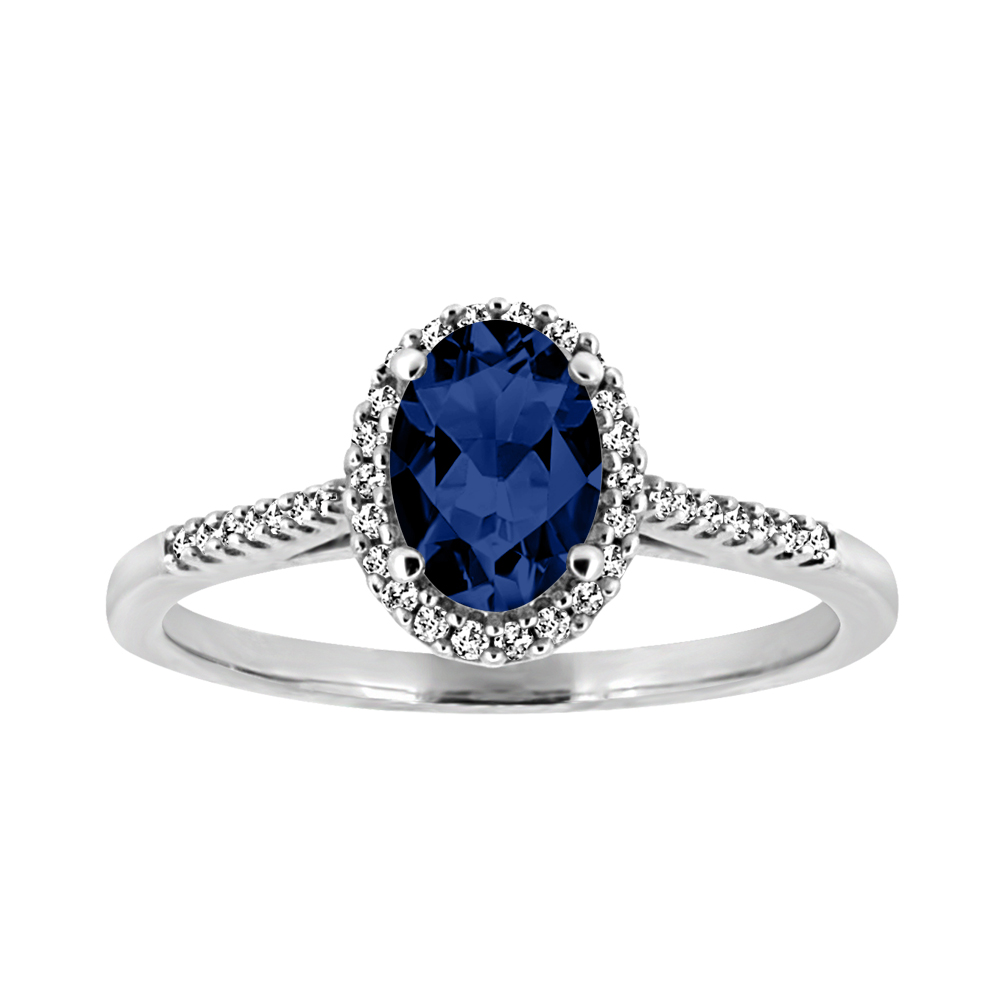 Oval Halo Ring with Blue Sapphire and .11 Carat TW of Diamonds in 10kt White Gold