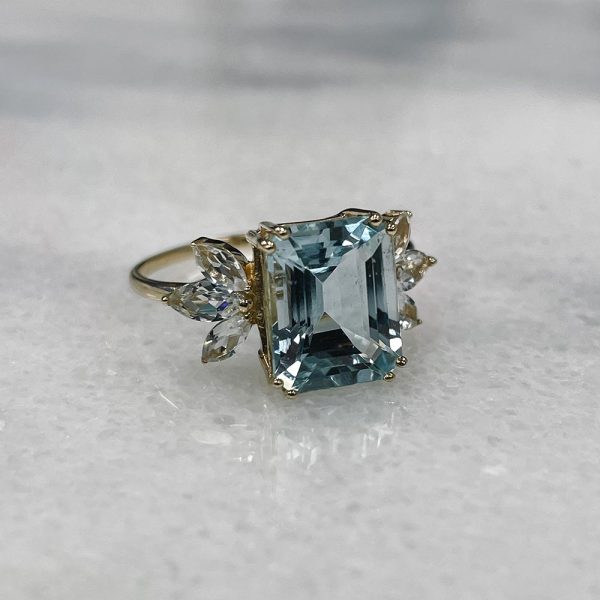 Ring With 10X8MM Emerald Cut Aquamarine and White Topaz in 14kt Yellow ...