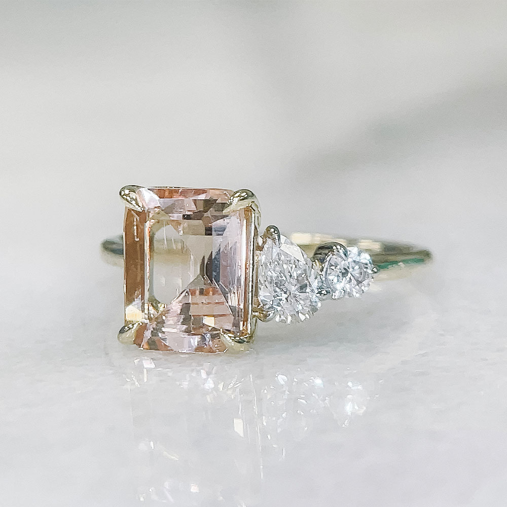 Ring with 9X7MM Emerald Cut Morganite and .33 Carat TW of Diamonds 14kt Yellow Gold