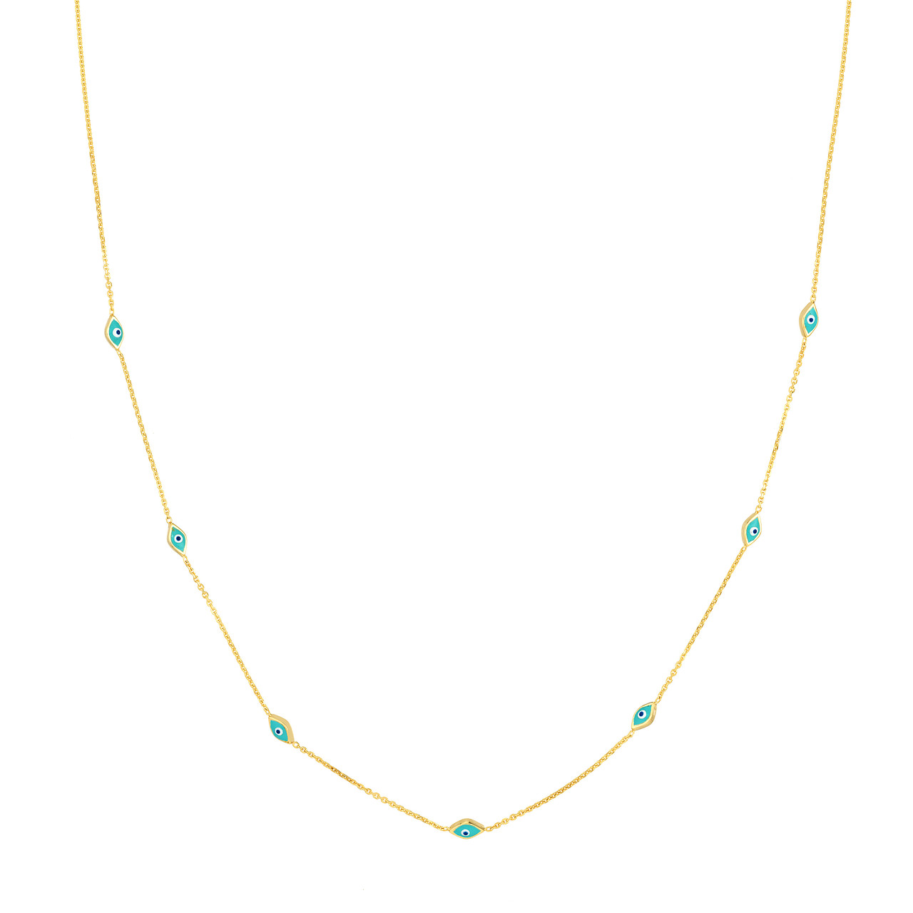 16″-18″ Evil Eye Necklace with Turquoise Enamel 10kt Yellow Gold