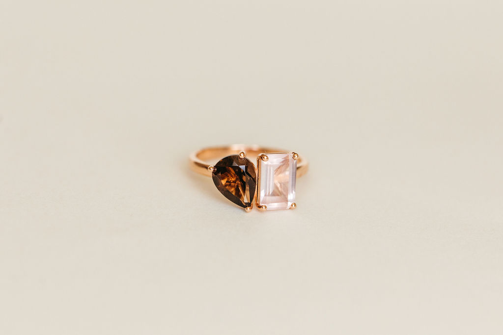 Toi et Moi Ring with Rose Quartz and Smokey 14kt Gold