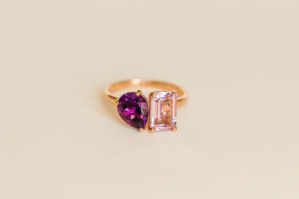 Toi et Moi Ring with Pink Amethyst and Amethyst in 14kt Rose Gold