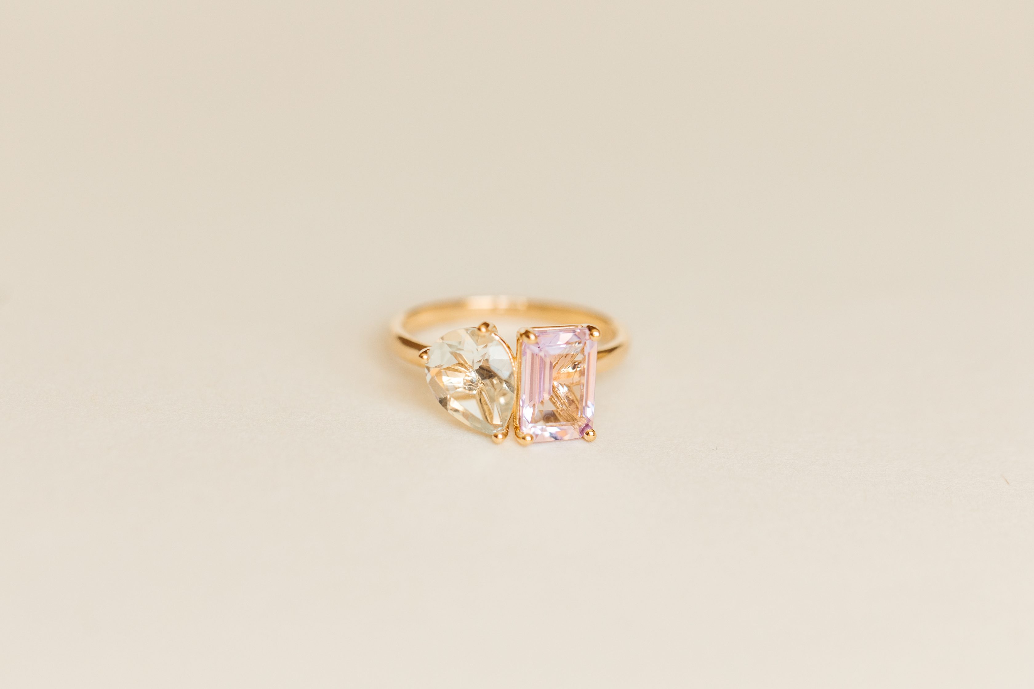 Toi et Moi Ring with White Topaz and Pink Topaz in 14kt Yellow Gold