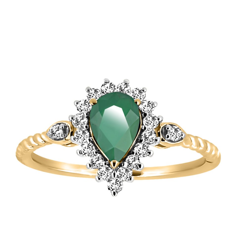 Ring with 7X5MM Pear Shaped Green Emerald and .26 Carat TW of Diamonds in 10KT Yellow Gold