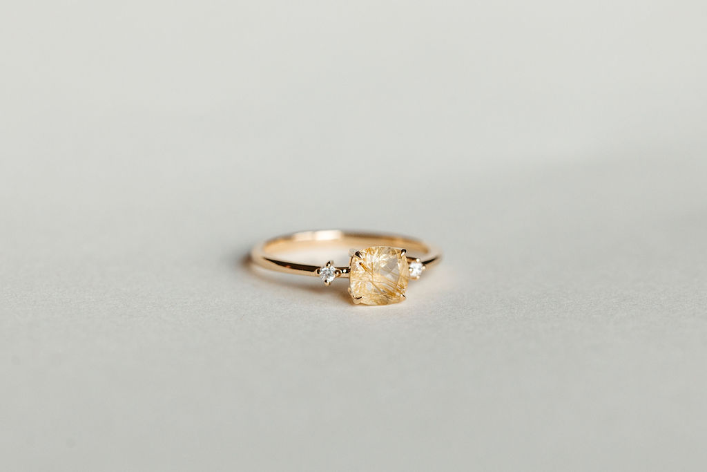 Ring with 6MM Cushion Cut Golden Rutilated Quartz and .04 Carat TW of Diamonds in 10kt Yellow Gold