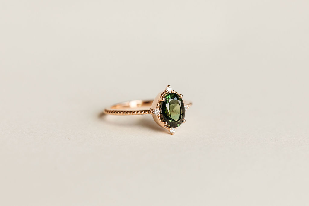 Ring with 8X6MM Oval Green Tourmaline and .06 Carat TW of Diamonds in 10kt Rose Gold