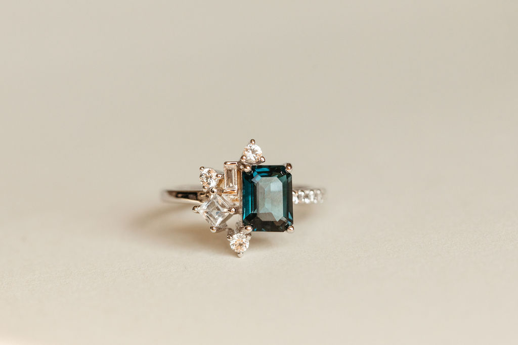 Ring with 8X6MM Emerald Cut London Blue Topaz and White Topaz in 10kt White Gold