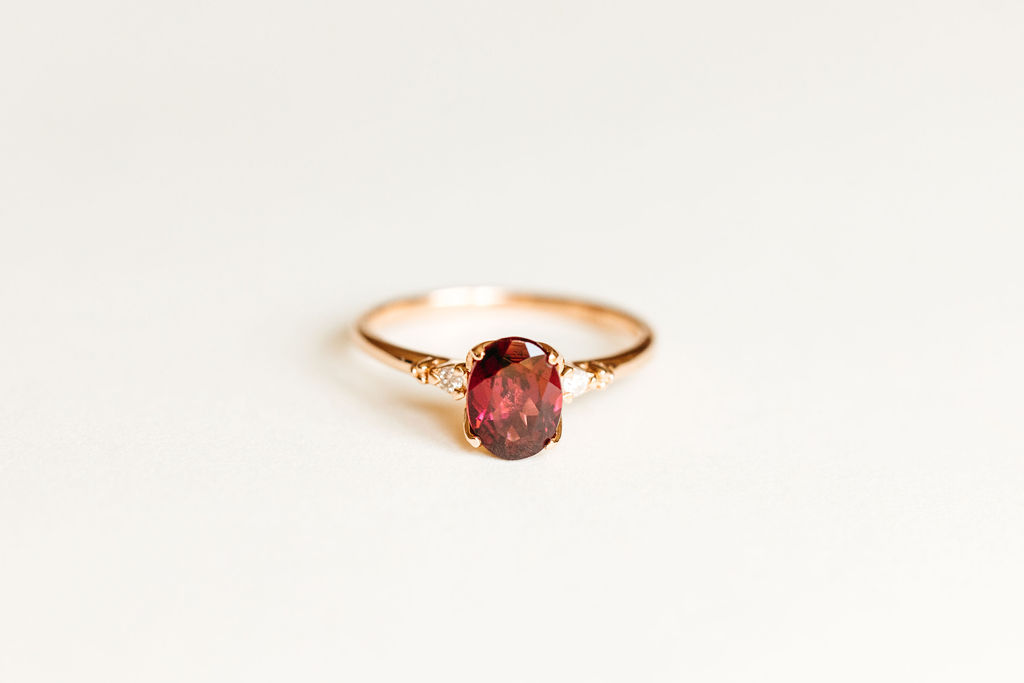 Ring with 8X6MM Oval Rhodolite Garnet and .04 Carat TW of Diamonds in 14kt Rose Gold