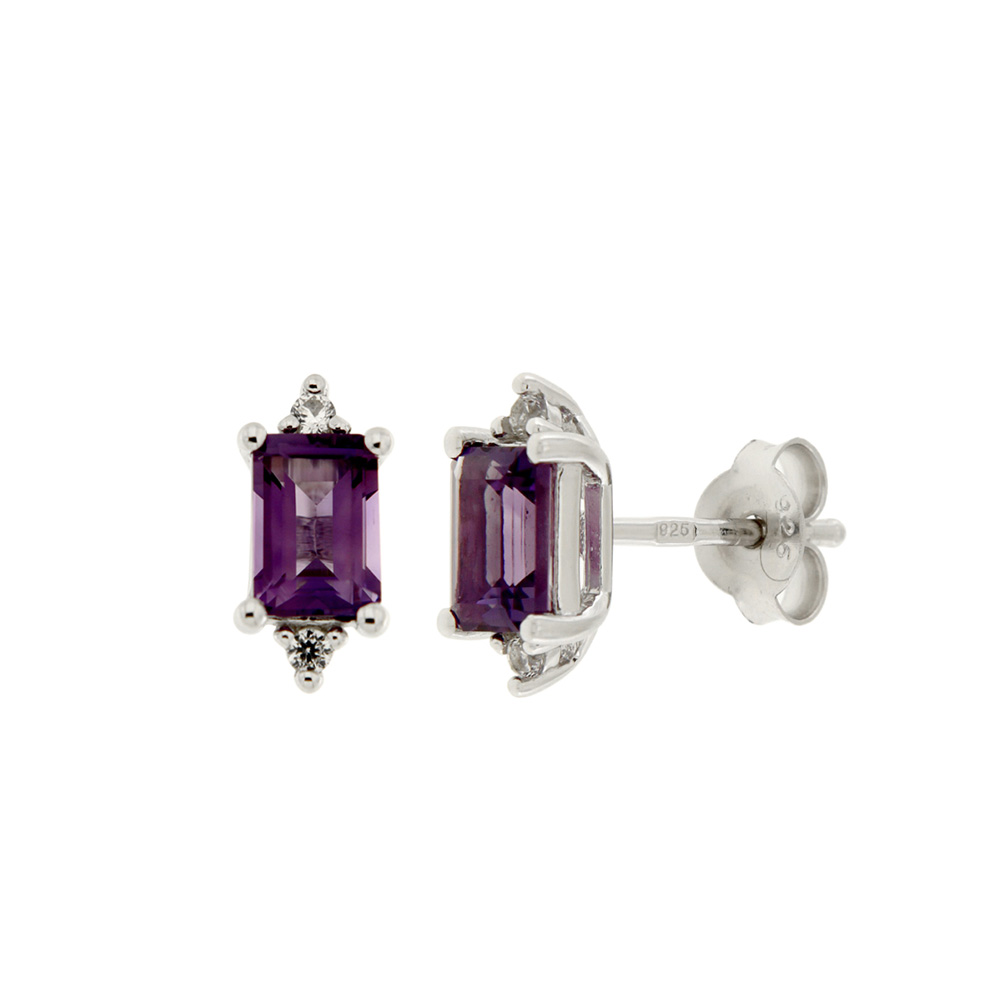 Earrings 6X4MM Emerald Cut Amethyst and White Sapphire in Sterling Silver -  Paris Jewellers