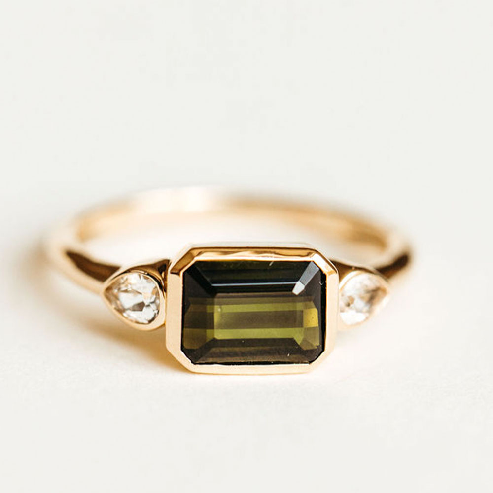 Ring with 8X5MM Emerald Cut Green Tourmaline and White Topaz 10kt Yellow Gold