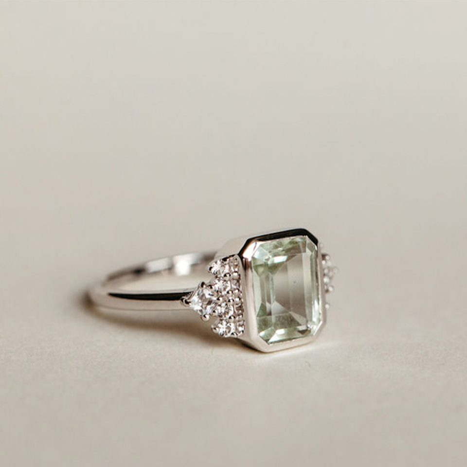 Ring With 10X7MM Octagonal Emerald Cut Green Amethyst And White Topaz In 10kt White Gold