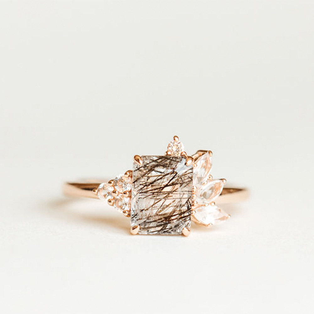 Ring with 8X6MM Emerald Cut Rutilated Quartz and White Topaz 14kt Rose Gold