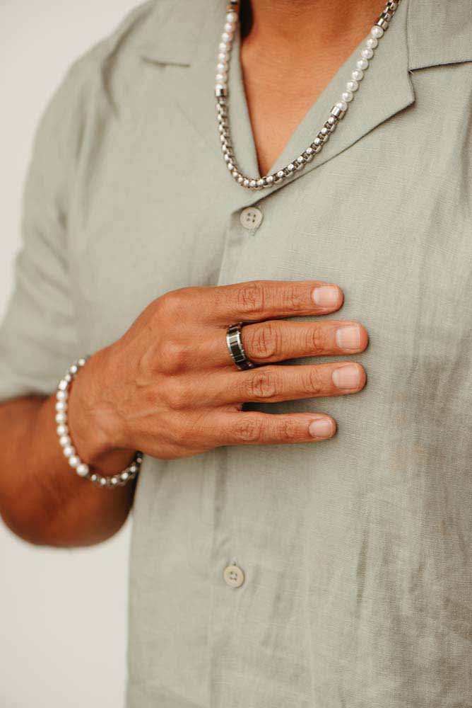 Men’s Bracelet with 6MM White Synthetic Pearls in Stainless Steel