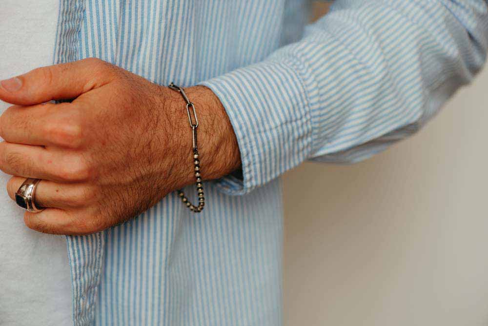 Men’s Brushed Gunmetal Paperclip and Bead Bracelet Sterling Silver