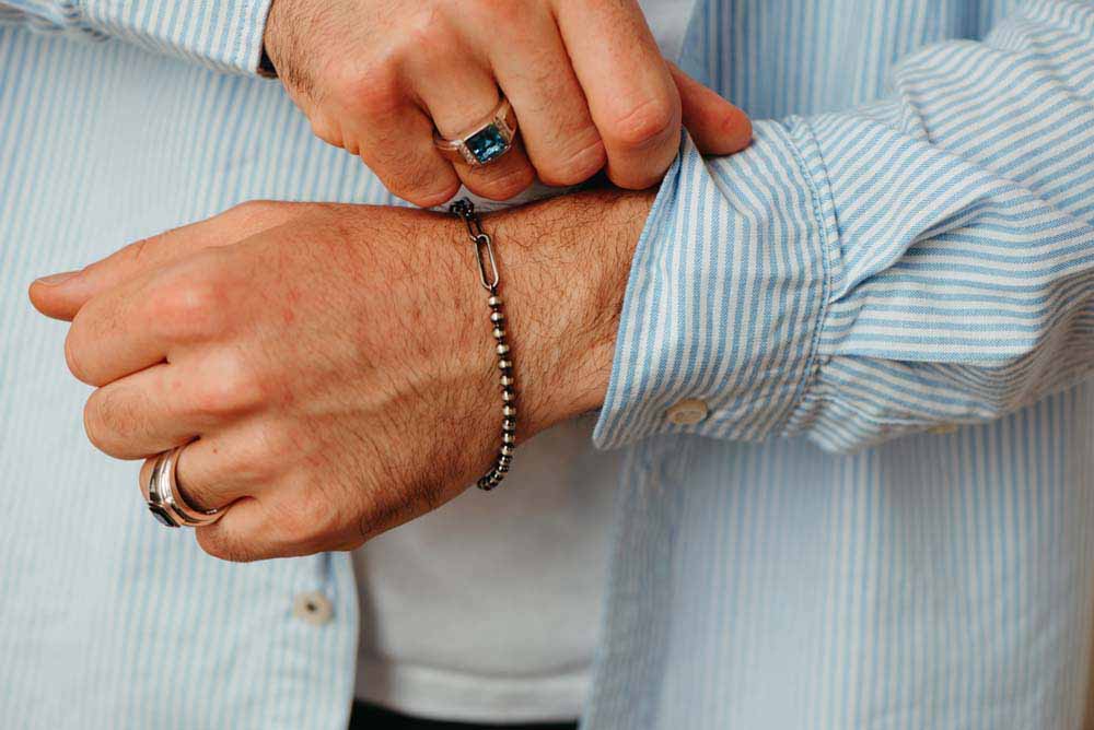 Men’s Brushed Gunmetal Paperclip and Bead Bracelet Sterling Silver