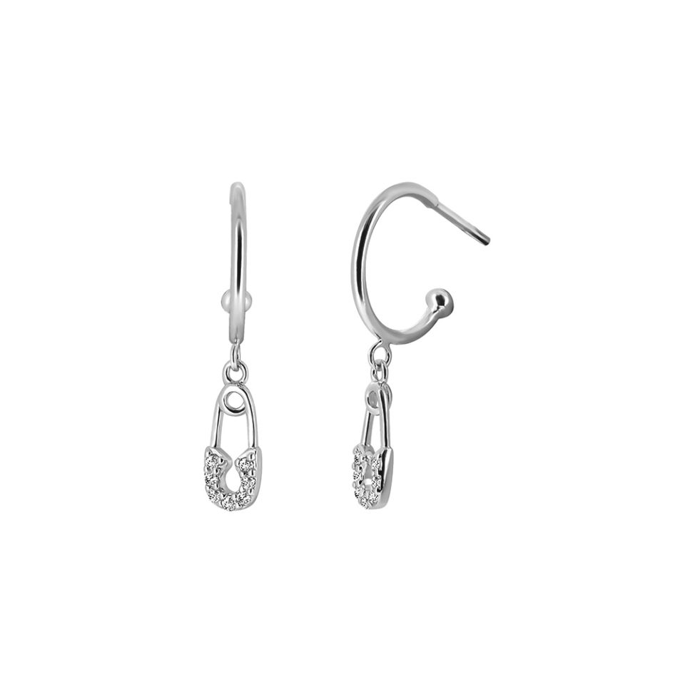 Cubic Zirconia Safety Pin Hoop Earrings in Sterling Silver