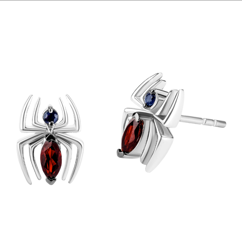 Marvel Spider-Man Earrings with Blue Sapphire and Garnet Sterling Silver