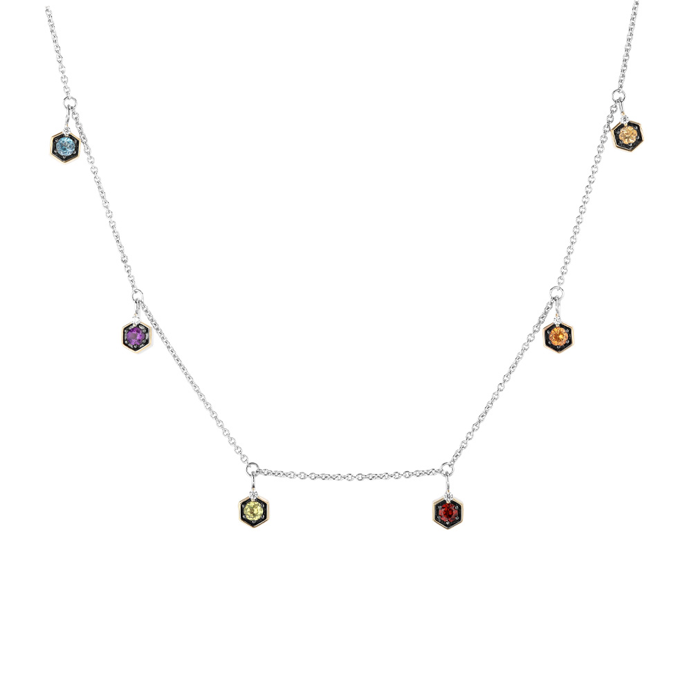 Marvel Infinity Gauntlet Necklace with Genuine Gemstones and .07 Carat TW of Diamonds Yellow Gold Plated Silver