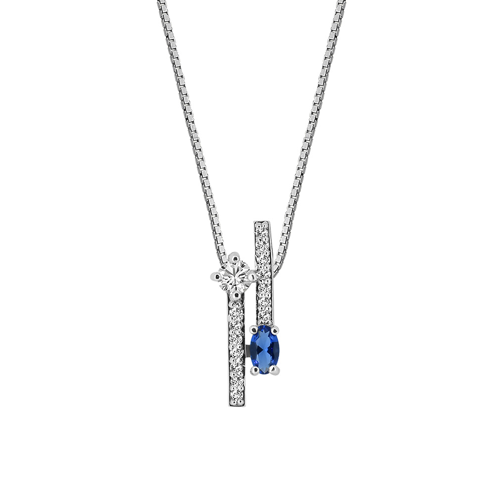 Pendant with Created Blue Sapphire and Cubic Zirconia in Sterling Silver with Chain