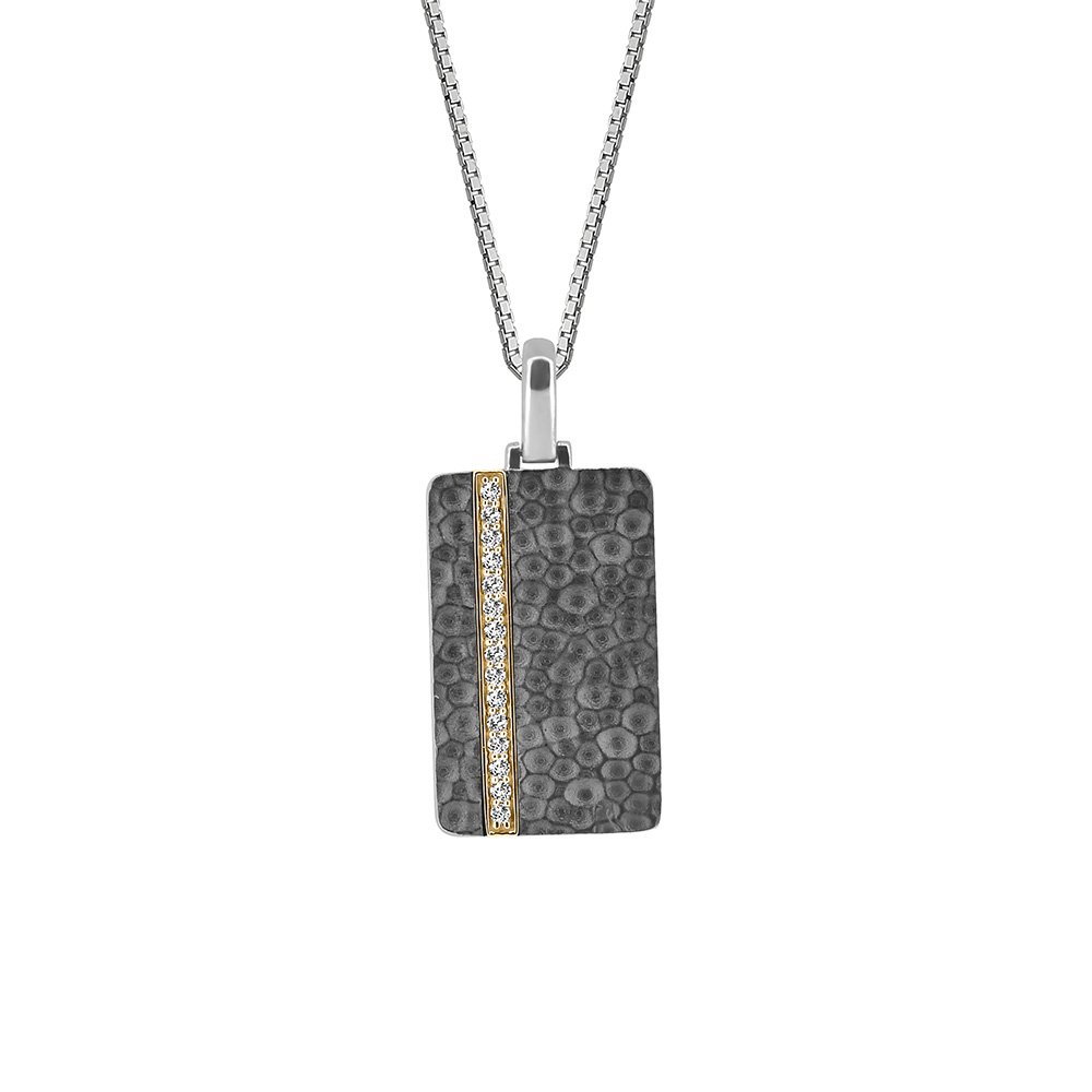 Dog Tag Pendant with .20 Carat TW of Diamonds Silver and 10kt Yellow Gold Chain