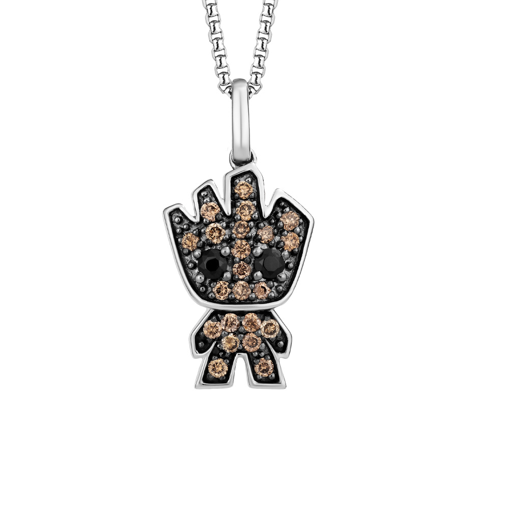 Marvel Groot Pendant with Black Onyx and .20 Carat TW of Champagne Diamonds Sterling Silver Chain