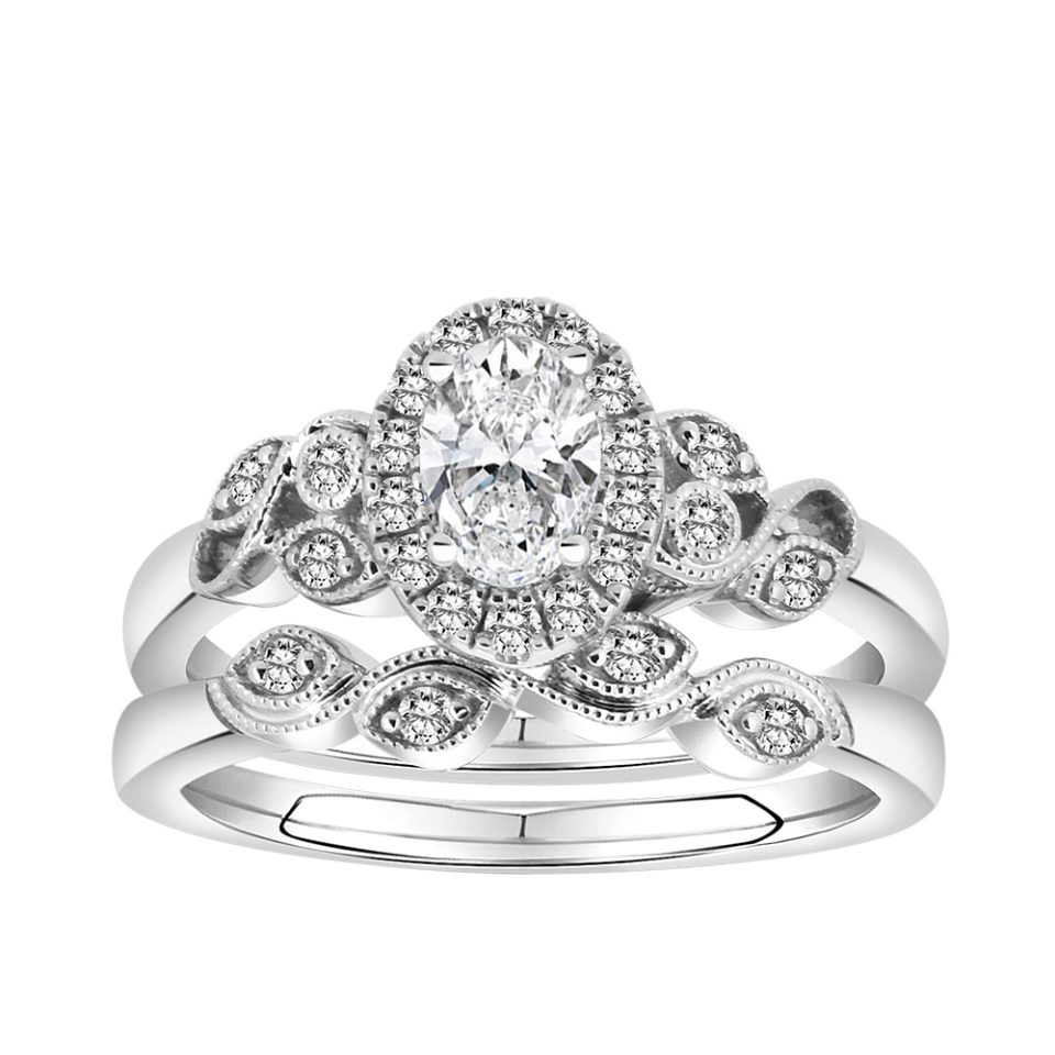 Halo Oval Shape Wedding Engagement Ring Set with .63 Carat TW Diamonds in 14kt White Gold