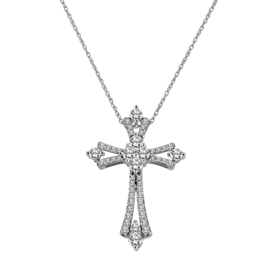 Cross Pendant with 1.00 Carat TW Diamonds in 10kt White Gold with Chain