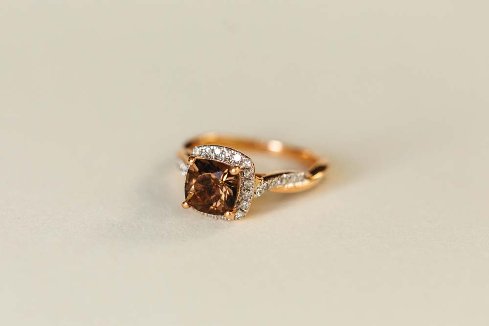 Ring with Cushion Cut 7MM Smoky Quartz and .30 Carat TW of Diamonds in 14kt Rose Gold