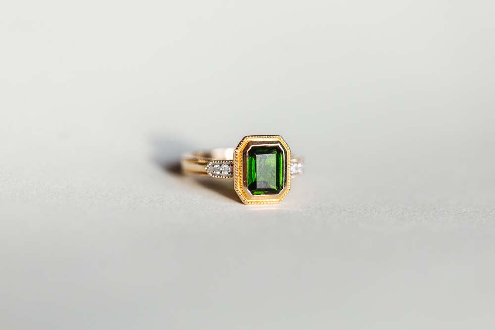 Ring with 7X5MM Octagonal Green Tourmaline and .05 Carat TW of Diamonds 14kt Yellow Gold