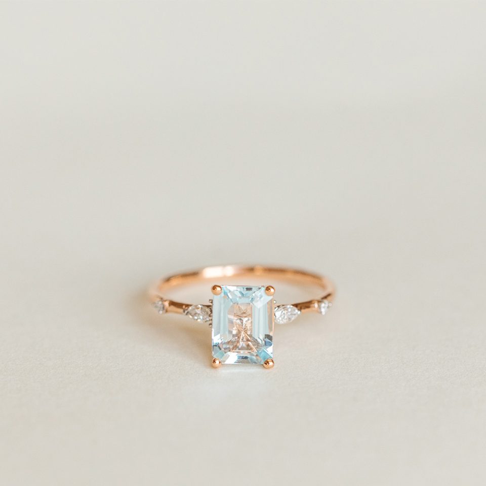 Ring With 8X6MM Emerald Cut Aquamarine And .12 Carat TW Of Diamonds In 14kt Rose Gold