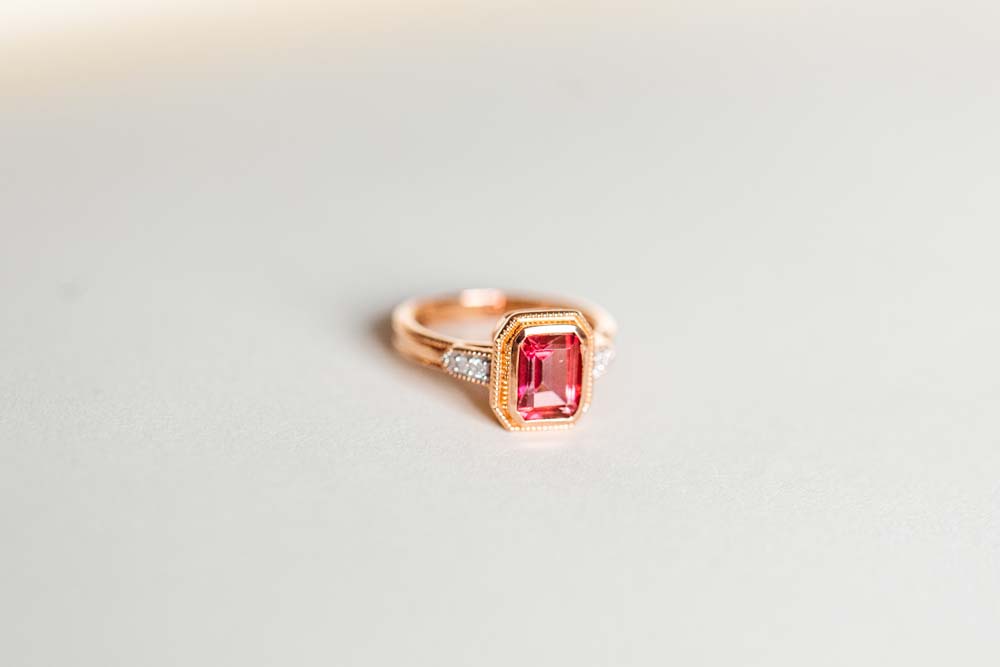 Ring with 7X5MM Octagonal Pink Tourmaline and .05 Carat TW of Diamonds in 14kt Rose Gold