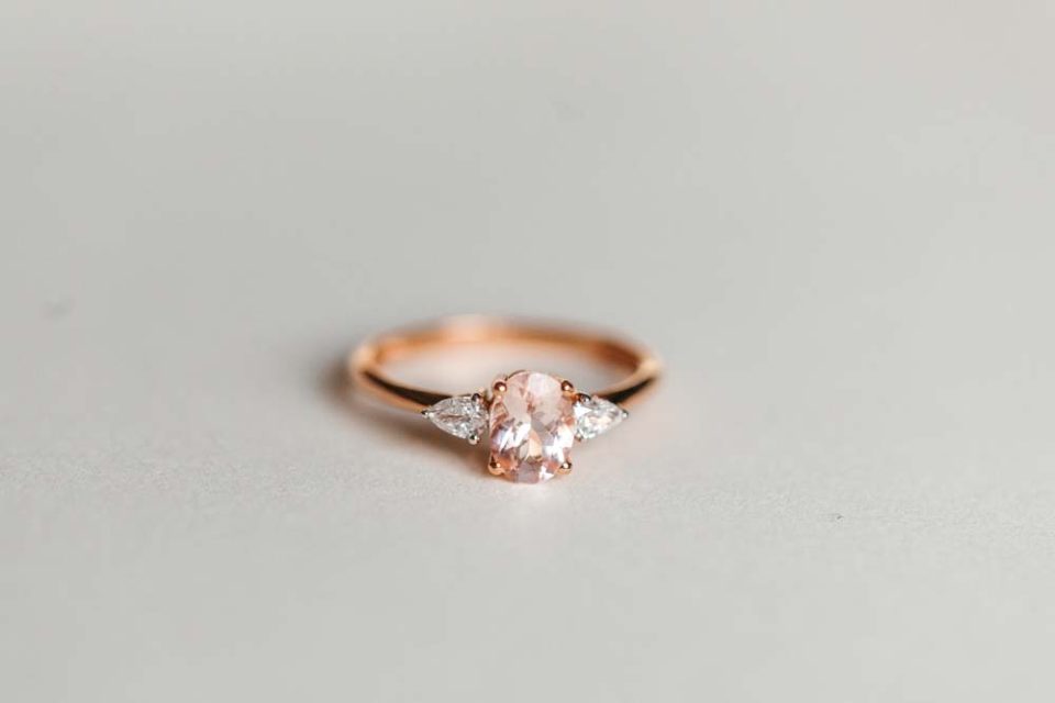 Ring with Oval 7X5MM Morganite and .20 Carat TW of Diamonds in 14kt Rose Gold