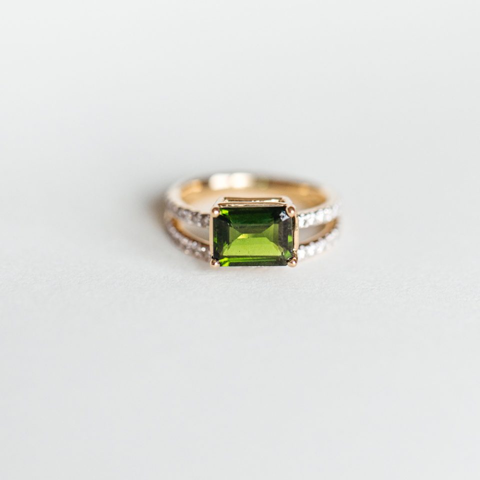 Ring with 9X7MM Emerald Cut Green Tourmaline and .35 Carat TW of Diamonds in 14kt Yellow Gold