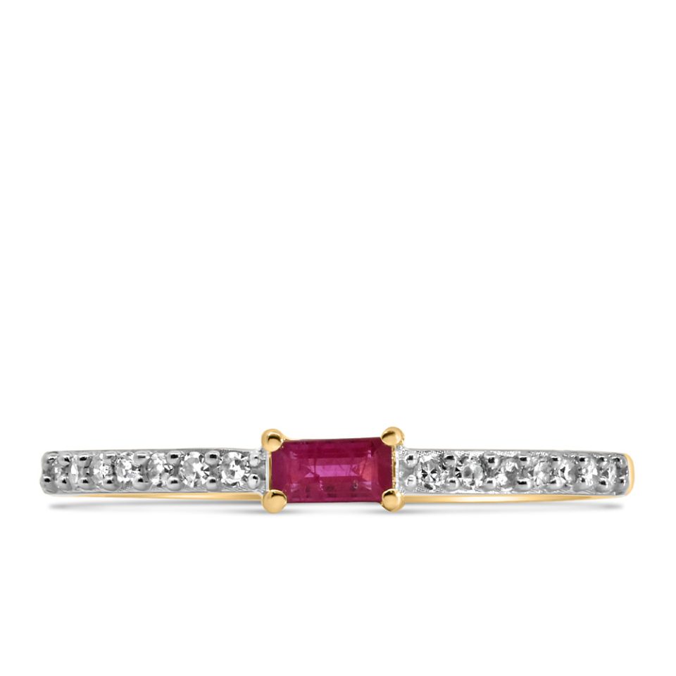 Ring with 4X2MM Emerald Cut Ruby and .15 Carat TW of Diamonds in 10kt Yellow Gold