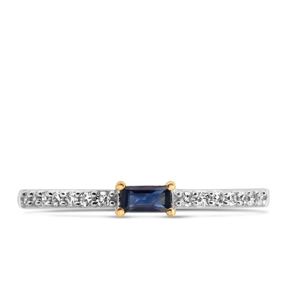 Ring with 4X2MM Emerald Cut Blue Sapphire and .15 Carat TW of Diamond in 10kt Yellow Gold