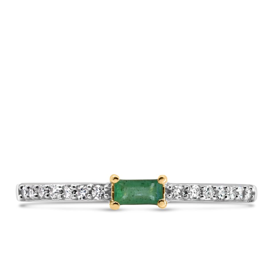 Ring with 4X2MM Emerald Cut Green Emerald and .15 Carat TW of Diamonds in 10kt Yellow Gold