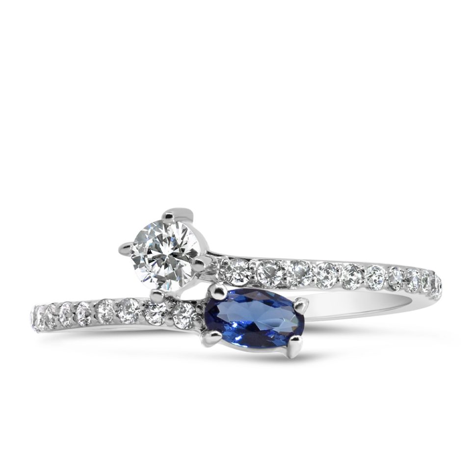 Ring with Created Blue Sapphire and Cubic Zirconia in Sterling Silver