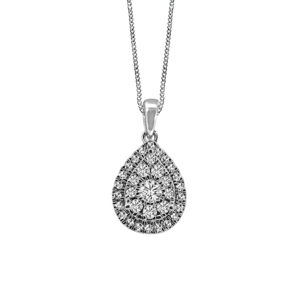 Pear Shape Halo Pendant with 1.00 Carat TW of Diamonds in 10kt White Gold with Chain