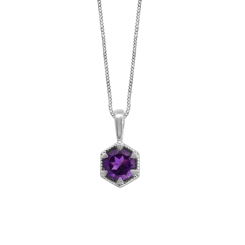 Pendant with 5.5MM Amethyst in 10kt White Gold with Chain - Paris Jewellers