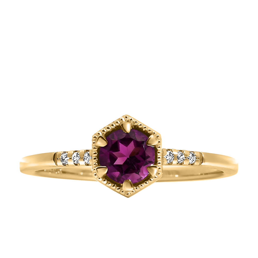 Ring with 5MM Round Rhodolite Garnet and .03 Carat TW of Diamonds 10kt Yellow Gold