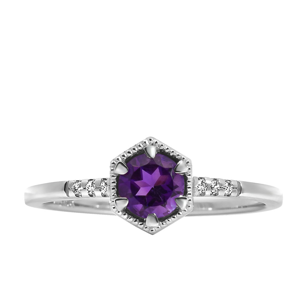 Ring with 5MM Round Amethyst and .03 Carat TW of Diamonds 10kt White Gold